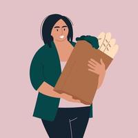 People and shopping. A plump woman with a package of groceries. Vector image.
