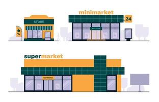 The shops. Architecture. Supermarket, mini market, convenience store. Set of commercial buildings. Vector image.