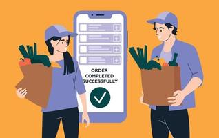 People and shopping. Man and woman in uniform with grocery bags. Mobile phone. Buying groceries online, delivery by courier. Vector image.