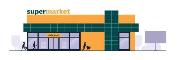 People and shopping. Shop building on the street. Supermarket. Architecture. Vector image.