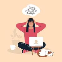 Online work. Girl with a laptop. People and business. Problems at work. Freelancer, work from home. Vector image.