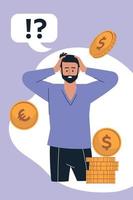 People and business. The man grabbed his head, problem. Coins, money. Infographics, presentation. Vector image.