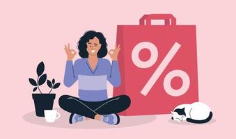 People and shopping. The girl sits on the floor, rejoices in the purchase at a discount. Shopping package. Vector image.