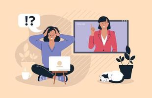 Online work. Girl with a laptop. People and business. The working process. Problems at work. Infographics, presentation. Freelancer, work from home. Vector image.