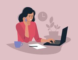 Online work. Girl with a laptop. People and business. The working process. Office work. Freelancer, work from home. Vector image.