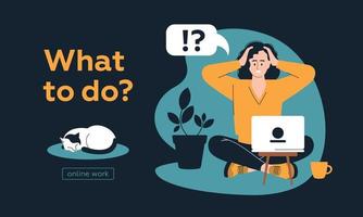 Online work. Girl with a laptop. People and business. The working process. Infographics, presentation. Freelancer, work from home. Vector image.