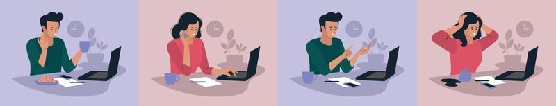 Online work. Girl and guy with a laptop. People and business. The working process. Office work. Freelancer, work from home. Vector image.