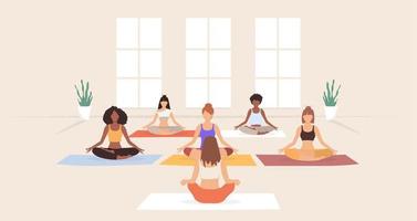 Yoga class. Group of women in the studio practicing yoga with the yoga instructor. Vector illustration