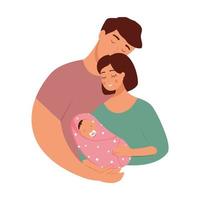 A husband hugging a wife holding a newborn baby in her arms. Vector illustration