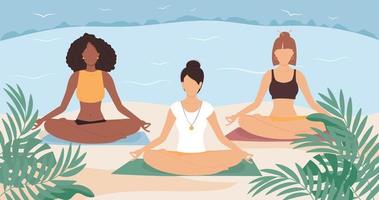 Different woman practicing yoga together and meditating on the beach. Healthy lifestyle, open air workout, yoga class. Vector illustration