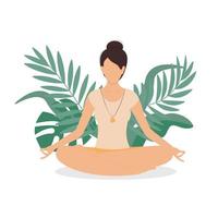 Woman meditating in nature. Beautiful woman of yoga in lotus pose. Illustration for yoga, meditation. Vector illustration