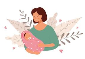 A young woman holding a baby in her arms in nature. A baby in a diaper with a pacifier. Vector illustration