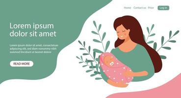 una mujer joven con un bebé en brazos en la naturaleza. una niña recién nacida en un pañal con un chupete. pancarta vectorial