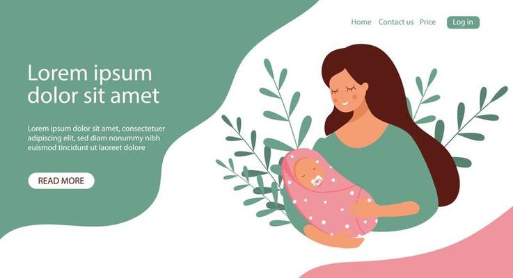 A young woman holding a baby in her arms in nature. A newborn girl in a diaper with a pacifier. Vector banner