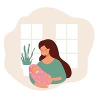 A young woman holding a baby in her arms at home. A newborn girl in a diaper with a pacifier. Vector illustration