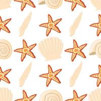 Empty seashell and starfish vector seamless pattern background.