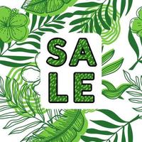 Discount banner, discount poster decorated with monochrome tropical leaves and strelitzia flowers. Tropical palm leaves, monster and hand-drawn sketch elements. Vector illustration
