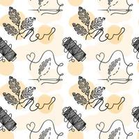 Seamless pattern of embroidered leaves, hand-drawn doodles in sketch style. Reel of thread. Needle and thread. Embroidery. Handmade. Thread. Vector simple illustration