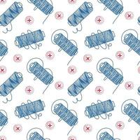 Seamless pattern of thread spools and buttons, hand-drawn doodles in sketch style. Thread. Button. Handmade. Thread. Vector simple illustration