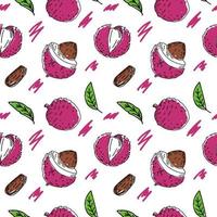 Seamless pattern of exotic lychee fruit hand-drawn sketch style doodle. Lychee. Fruit and leaves. Fruit. Vector simple illustration