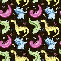 Seamless drawing of cute multicolored dinosaur astronauts on white background. Vector in cartoon style. Astronaut dinosaurs with planets, comets and stars around on a dark background