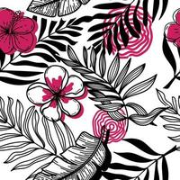 Seamless pattern of abstract tropical elements hand-drawn in sketch style. Monochrome with red spots. Bright strelitia flowers, palm leaves and foliage. Tropics. Summer. Strelicia. Isolated vector
