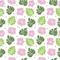Seamless pattern of tropical strelitia flower, monster leaves. Hand-drawn doodle-style elements, bright flower, greens and peas on white background. Tropics. Summer. Strelicia vector