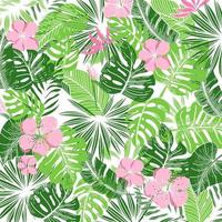 Seamless pattern of abstract tropical elements hand-drawn in sketch style. Bright strelitia flowers, palm leaves and foliage. Tropics. Summer. Strelicia vector