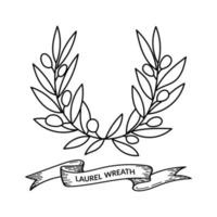Laurel wreath. Vector hand-drawn laurel wreath isolated on white background. Ribbon with inscription. Doodle style. Contoured floral frame