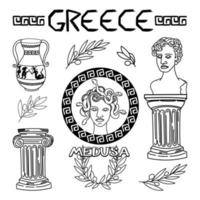 Set of ancient elements of Ancient Greece and Rome, hand-drawn in sketch style. Medusa Gorgon. Head of Perseus, vase with feat, laurel wreath, olive branch, columns of Ionic and Doric order vector