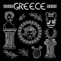 Set of ancient elements of Ancient Greece and Rome, hand-drawn in sketch style. Gorgon Medusa. Head of Perseus, vase with exploit, harp, laurel wreath, olive branch, columns of Ionic and Doric order vector