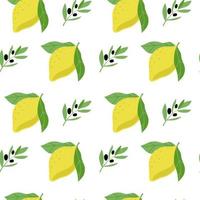 Seamless pattern of lemons and olive sprigs, drawn with doodle elements in sketch style. Olive with berries and lemon fruit on white background. Olives vector