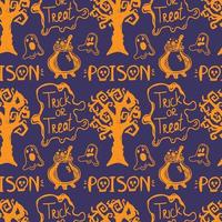 Seamless purple background with bright orange Halloween elements drawn in doodle style. Gloomy tree, ghosts, inscriptions, and a cauldron of potions. Monogamous Halloween background vector