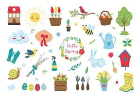 Spring set of handdrown garden items. Flat vector illustration.