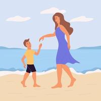 mamá e hijo bailando en la playa. una mujer joven y un niño con ropa de verano. ilustración vectorial plana