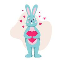 The rabbit character holds a heart in his hands. Valentine's Day, February. Flat cartoon vector illustration