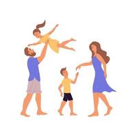 Family on the beach. Mom dances with her son, and dad throws his daughter up. Family vacation. Flat vector illustration