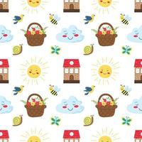 Seamless spring pattern. Sun, clouds, flowers, house. Flat vector illustration