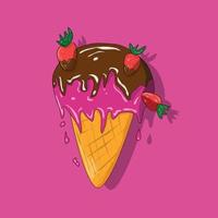 Berry ice cream with strawberries and chocolate in a cone vector