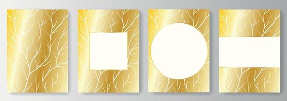 Set Collection of golden backgrounds with white lines pattern tree branches and frames