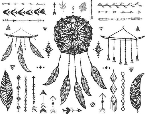 Vector decor set, collection of hand drawn doodle boho style dividers, borders, arrows, design elements, dream catchers. Isolated. May be used for wedding invitations, birthday cards, banners
