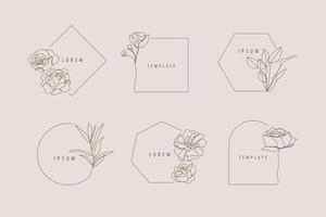 Vector set of luxury line minimalist floral frames, logo design templates and monogram concepts, linear style emblems for fashion, beauty, social net.