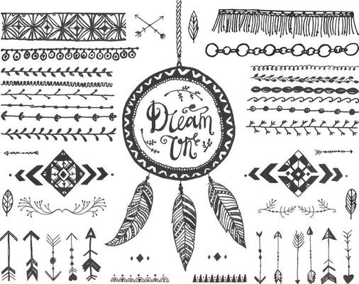Vector decor set, collection of hand drawn doodle boho style dividers, borders, arrows, design elements, dream catchers. Isolated. May be used for wedding invitations, birthday cards, banners