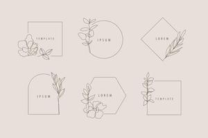 conjunto vectorial de marcos florales minimalistas de línea de lujo, plantillas de diseño de logotipos y conceptos de monograma, emblemas de estilo lineal para moda, belleza, red social. vector