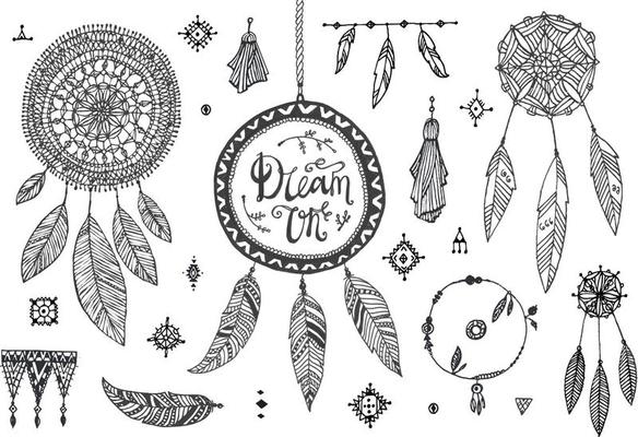 Vector decor set, collection of hand drawn doodle boho style dividers, borders, arrows, design elements, dream catchers. Isolated. May be used for wedding invitations, birthday cards, banners