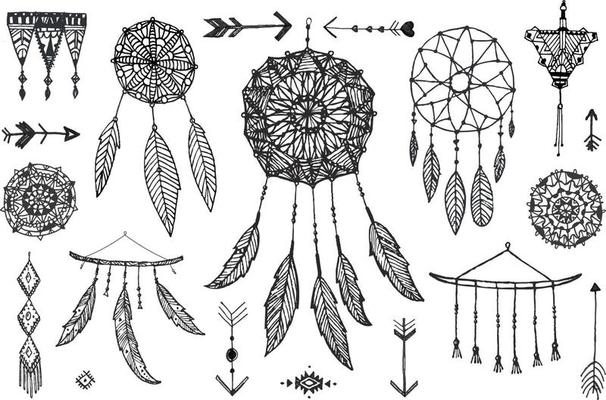 Vector decor set, collection of hand drawn doodle boho style dividers, borders, arrows, design elements, dream catchers. Isolated. May be used for wedding invitations, birthday cards, banners