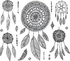 Vector decor set, collection of hand drawn doodle boho style dividers, borders, arrows, design elements, dream catchers. Isolated. May be used for wedding invitations, birthday cards, banners