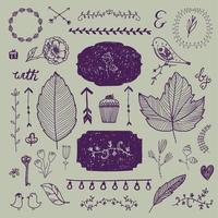 Vector set of floral decor, hand drawn doodle frames, dividers, borders, elements. Isolated. Romantic vintage collection