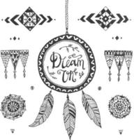 Vector decor set, collection of hand drawn doodle boho style dividers, borders, arrows, design elements, dream catchers. Isolated. May be used for wedding invitations, birthday cards, banners