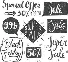 Sale hand lettering. Shop dicount, grunge style sale tags, banners. Black and white vector